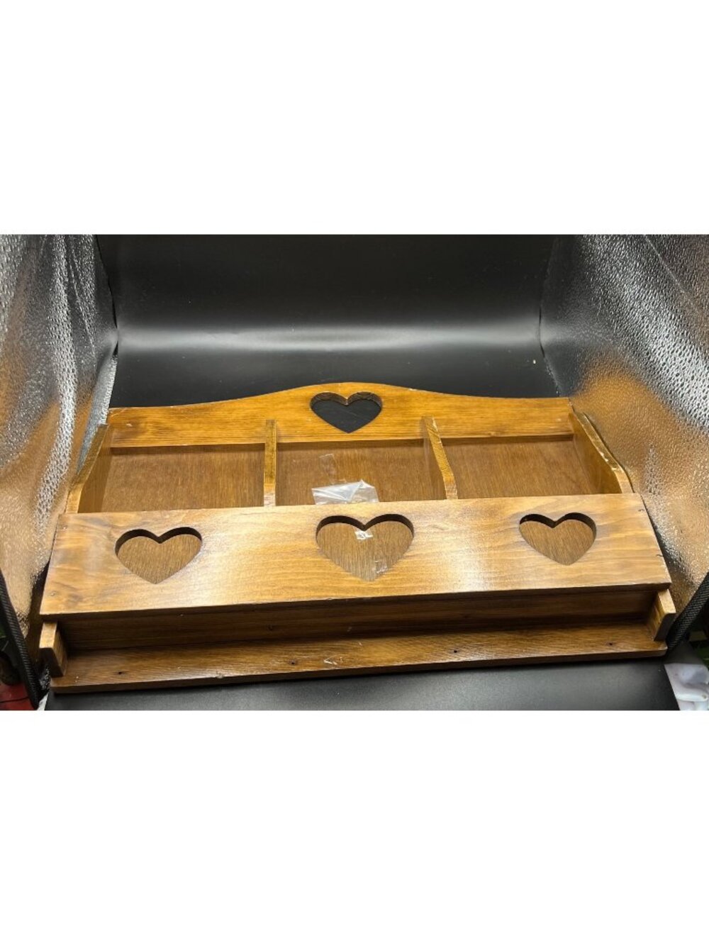 Handmade VTG Wooden Wall Shelf Heart Cutouts Compartments Key Hooks Farmhouse Ru